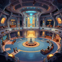the main lobby on a large cruise spaceship, from a space themed point and click 2 d graphic adventure game, design inspired by hg giger, art inspired by thomas kinkade