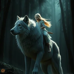 young blond girl riding on the back of a gray wolf, in a dark forest, realistic shaded lighting poster by craig mallismo, artgerm, jeremy lipkin and michael garmash, unreal engine, radiant light, detailed and intricate environment, digital art, art station trends