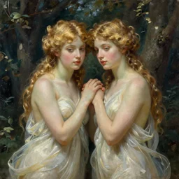 two beautiful nymphs with gold hair in forest, oil painting, hyperrealistic, ultra detailed, 4 k, john waterhouse and john everett millais, classicism, raphaelites