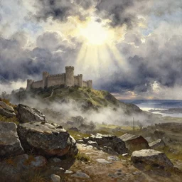 watercolor painting of rocky land, rough terrain, medieval fortress on top of the hill, sunshine and sun rays, art by anders zorn, wonderful masterpiece by greg rutkowski, beautiful cinematic light, american romanticism by greg manchess, creation by tyler edlin, stormy puffy clouds and harbour in distant background, foggy