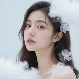 close - up fashion woman portrait airy flowers clouds art