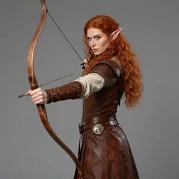 Full picture of Redhead elf archer, high fantasy, ornamental bow, fully clothed in brown leather, trending on artstation, arstationhd, HD