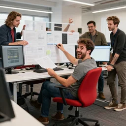 a ux designer having loads of fun in a red chair with a big team creating wire frames