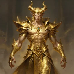 a highly detailed illustration of attractive demonic god guy with horns wearing gold, dramatic flashy pose, muscular, art by artgerm and greg rutowski and ilya kuvshinov, intricate, elegant, highly detailed, centered, digital painting, artstation, concept art, smooth, sharp focus, league of legends concept art, wlop.