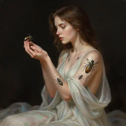 portrait of a woman with brown hair wearing a flowing dress, holding insects, tattoos of insects, intricate, elegant, highly detailed, digital painting, artstation, concept art, smooth, sharp focus, illustration, art by wlop, mars ravelo and greg rutkowski, natural tpose