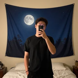 a tapestry of a man taking a selfie, moonlit room, 4k