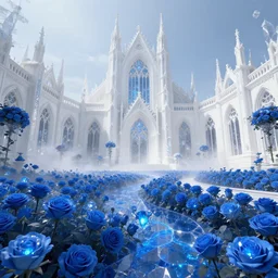 wide - angle view, an expansive view, white huge crystal gothic palace, dream, surreal, hyperdetail, blue rose garden, romantic ， many blue roses, blue luminous diamond ovule and lava light effect, high clear cgrender, snowstor mart style trend, magical light fog ， hd