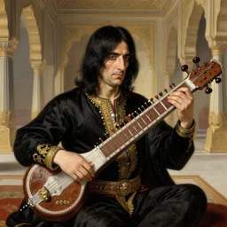 detailed portrait of slash playing the sitar in the mughal palace by rudolf ernst and john frederick lewis and jean - leon gerome and rudolf weisse and david roberts and charles theodore frere and alfred dehodencq, orientalism