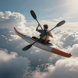 very very intricate photorealistic close - up of a man in a flying kayak midair, in the clouds, photo is in focus with detailed natural lighting, award - winning crisp details