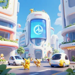 a future urban city, white buildings + colorful decorative + led billboards + brand logo, cute future vehicles, cute pokemon walking on the street, cute scene, dokev, ratchet & clank, overwatch, splatoon 3