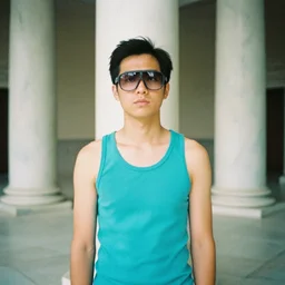 turquoise tank in a marble temple, film photography, soft lighting, nostalgia, 8 mm
