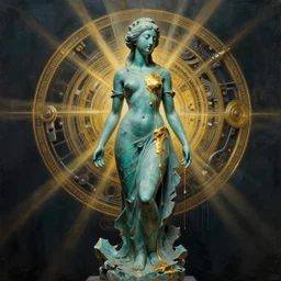 impressionistic painting of teal chinese abstract statue shattered standing in god rays, beautiful female body and golden glue dripping acrylic portrait, mechanical superstructure, sacred geometry, supermodel body, beautiful light, statue of carving marble, intricate 8 k render, dark mood, cinematic light, golden spirals, clockwork