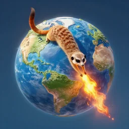 planet - sized meerkat extinguishing the planet earth on fire, whole planet view, fantasy, high quality matte painting, cartoony