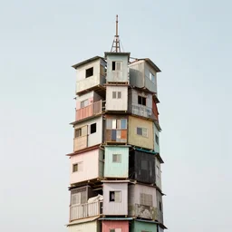 a tower made up of makeshift squatter shacks with pastel colours, mamiya, 8 5 mm, f 1. 7, uniform plain sky, fine details, photographed by rothko