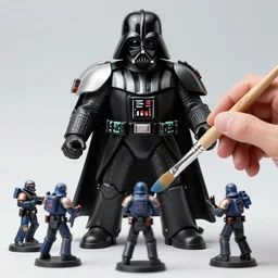 large Darth Vader holding a paintbrush which diligently paints miniature figures of a space marine from Warhammer 40,000 at a table with a bright lamp, realism, depth of field, focus on darth vader,