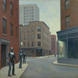 stark brutalist town, street elevation, robot guards, grant wood, pj crook, edward hopper, oil on canvas