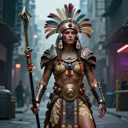 photo of a real-life cyberpunk aztec warrior