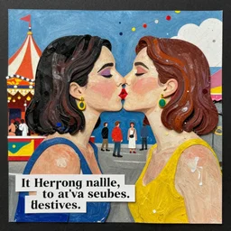 two women kissing at a carnival in spain, mixed media collage, retro, paper collage, magazine collage, acrylic paint splatters, bauhaus, claymation, layered paper art, sapphic visual poetry expressing the utmost of desires by jackson pollock