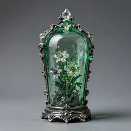 a green glass container with flowers on it, a surrealist sculpture by mab graves, featured on deviantart, gothic art, lovecraftian, made of crystals, ornate