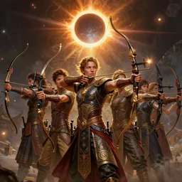 an epic fantastic realism comic book style painting of a dozen flamboyant archers drawing their bows, intricately detailed with filigree and mystical text, 8 k, ultra realistic, solar eclipse, lens flare, atmosphere, glow, detailed, intricate, full of colour, cinematic lighting, trending on artstation, 4 k, hyperrealistic, focused, extreme details, unreal engine 5, cinematic, masterpiece