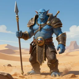 A troll with blue skin and a spear posing in a a desert, realistic face, full body, fantasy art, in the style of greg rutkowski, illustration, epic, fantasy, intricate, hyper detailed, artstation, concept art, smooth, sharp focus, ray tracing, vibrant