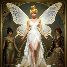 gal gadot as tinker bell with butterfly wings, intricate, elegant, d & d, powerful, fantasy, art nouveau, white dress, art by art by artgerm and greg rutkowski and ruan jia and peter polach