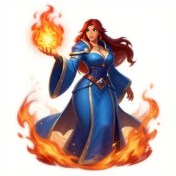 Who : a female mage with a blue robe casting a fire ball ; Body type : voluptious hourglass body ; Head : Beautiful face ; IMPORTANT : Hearthstone official splash art, award winning, trending