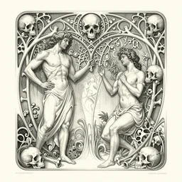 detailed realistic memento mori lithograph by cameron gray and hector guimard, gothic ornament, skulls, bones, art nouveau, neogothic, ornate art nouveau botanicals, horizontal symmetry