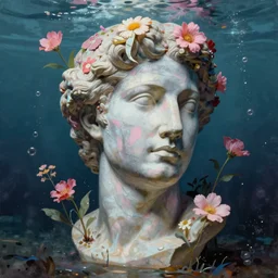 award winning masterpiece with incredible details, a surreal gigantic marble bust vaporwave vaporwave vaporwave vaporwave vaporwave painting by Thomas Cole of an old pink mannequin head with flowers growing out, sinking underwater, highly detailed, reality is an illusion