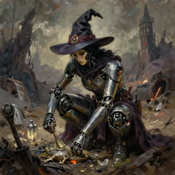 extremely detailed oil painting portrait of a robotic witch knight scavenging in an apocalyptic fantasy wasteland, art by Greg Rutkowski, cinematic, 4k