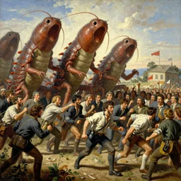 giant tardigrades attacking french revolution, socialist realism painting, big panic, crowd running away, by jakub rozalski artgerm and greg rukowsky highly detailed
