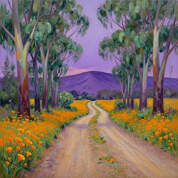 a painting of a dirt road surrounded by eucalyptus trees and california golden poppies, violet woodland hill in the distance, violet sunset. an oil painting by magali villenueve, green orange violet triadic color palette, featured on deviantart, australian tonalism, pre - raphaelite, impressionism, detailed painting