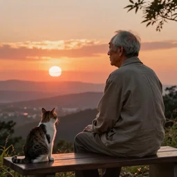 An old Japanese man sitting on a bench with his cat on his left, watching a beautiful sunset in the distance, hyperdetailed, artstation, cgsociety, by greg rutkowski, by Gustave Dore