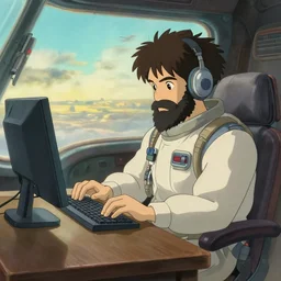a spaceship pilot with black beard working on a computer, painting by Craig Mullins, octane rendering, soft morning lighting, wide angle lens, in the style of Hayao Miyazaki, trending on artstation,