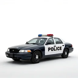 elegant police car, photorealistic, isolated on a pure white background, centered, entire object in frame, sharp focus, soft studio lighting