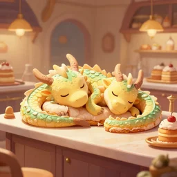 Dragon with a body made of cake, sleeping on the kitchen counter of a magical bakery, digital art