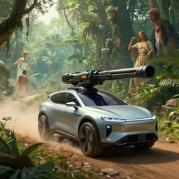 futuristic suv designed by apple with a railgun driving through the amazon, artgerm and greg rutkowski and alphonse mucha, an epic fantasy, volumetric light, detailed, establishing shot, an epic fantasy, trending on art station, octane render, midsommar