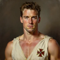 the young arnold schwarzenegger as conan, closeup portrait, sci fi, fantasy, intricate, with german iron cross on bare chest, elegant, loin cloth, highly detailed, oil painting, artstation, concept art, matte, sharp focus, illustration, hearthstone, art by earl norem