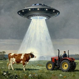 UFO abducting a cow with its tractor beam, by Edward Hopper