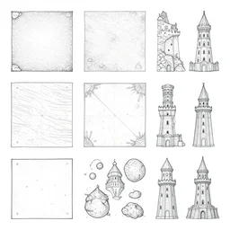 lineart tileset including ground tile, resources tiles and wizard tower tiles