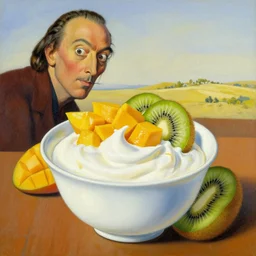 yougurt with mango and kiwi fruits landscape painting by salvador dali