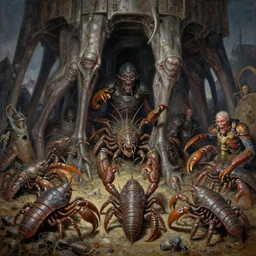 oil painting fine art, evil & varied filthy rugated armored crustaceans clawing & terrified as massive brutalist structure, claustrophobic leggy drag race, clustered horror, by virgil finlay, vincente b ballestar, by francesco blanc, wayne d barlowe, geof darrow, bisley, & by jack gaughan high resolution, hyper detailed