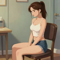 sexy girl wearing shorts, brown hair in a ponytail, sitting on a chair, in the style of ilya kuvshinov and rossdraws