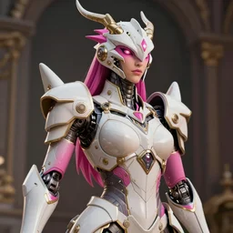 highly detailed exquisite fanart, of a beautiful female warframe, but as an anthropomorphic robot female dragon, glowing eyes, off - white plated armor, bright fuchsia skin, royal elegant pose, bust shot torso up, epic cinematic shot, realistic, professional digital art, high end digital art, sci fi, deviantart, artstation, furaffinity, 8 k hd render,