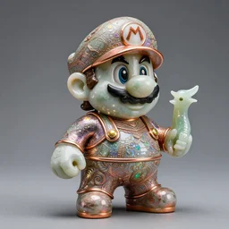 ancient ceramic super mario toy made of jade in british museum by bernard leach robin wight sparkles, shine glimmer, metallic colors, glass, oxidized copper led light, highly detailed and intricate, hdr, hyper detailed, intricate, elite, ornate, elegant, luxury, focus, unreal engine, trending on artstation, octane, trending on deviantart weta digital, micro details,