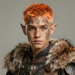 portrait painting of a very young elven man with short light orange hair and tribal tattoos on his face wearing fur armor, sharp focus, award - winning, trending on artstation, masterpiece, highly detailed, intricate. art by james ryman