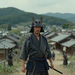 a film still of a japanese samurai village in a japanese blockbuster film, landscape, shallow depth of field, cinematic, award winning cgi, vfx, film still