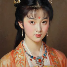 clothed in traditional chinese dress, necklace, earrings. close - up face portrait painting of young chinese princess, by boris vallejo.