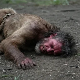 hurt neanderthal lying on the ground, stolen footage, natural light