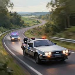 a delorean speeding down a winding road with a police car in pursuit with sirens on, beautiful view, 8 k, highly detailed soft lighting, digital painting, cinematic, artstation